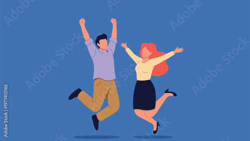 Enthusiastic man and woman jumping in the air with arms raised to celebrate success and happiness on blue background.