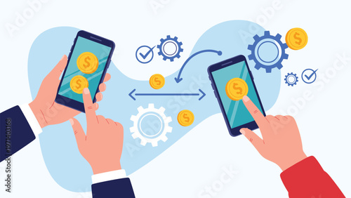 Mobile payment and money transfer concept shown by hands holding smartphones with coins flying between the screens.