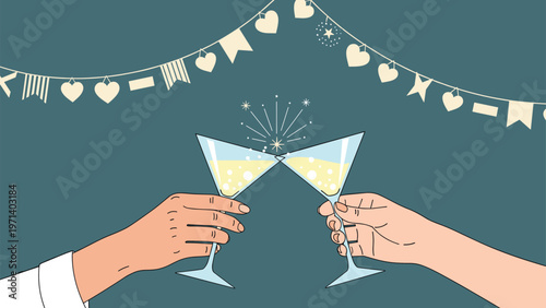 Festive image of two hands clinking martini glasses filled with sparkling wine against a dark blue party background.