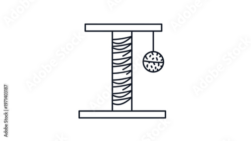 Minimalist line art illustration of a tall cat scratching post featuring a hanging toy ball for feline entertainment.