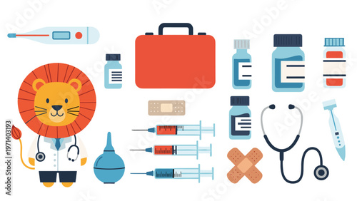 Adorable illustration of a lion dressed as a doctor surrounded by various medical supplies like a stethoscope and first aid kit.