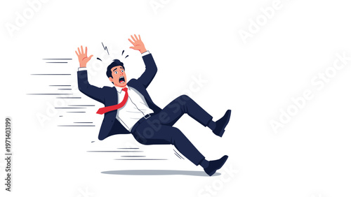 Dramatic illustration of a businessman falling backward with a terrified expression, symbolizing failure or an accident.