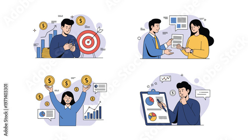 Professional business people illustrations engaged in various activities like financial planning, contract signing, and data analysis.