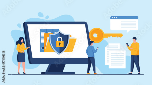 Illustration of data protection and cybersecurity with professional people working around a large computer screen with a shield.