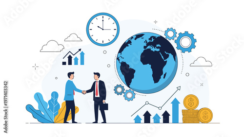 Business partners shaking hands in front of a blue world globe symbolizing international cooperation, trade, and financial success.