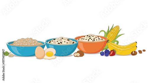 Variety of healthy breakfast food items including oatmeal bowls, boiled eggs, fresh fruit, nuts, and corn on a white background.