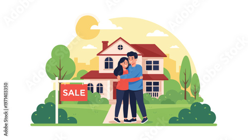 Happy young couple hugging in front of their newly purchased house with a red sale sign in the garden on a bright sunny day.