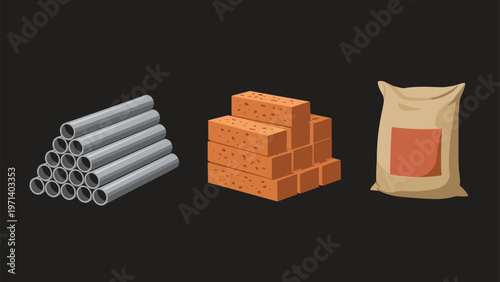 Group of industrial construction and building materials including steel pipes, orange clay bricks, and a large sack of cement.