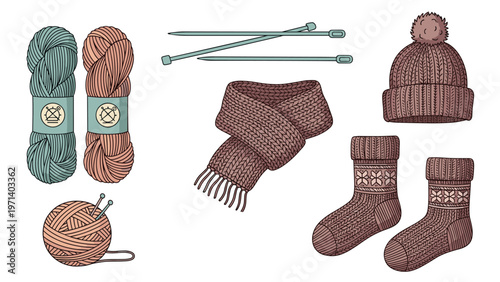 Handmade knitting items including colorful yarn balls, needles, a knitted scarf, winter hat, and a pair of warm woolen socks.