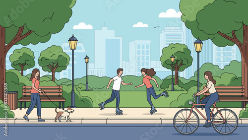 Diverse people enjoying outdoor activities in a city park including walking a dog, rollerblading, and riding a bicycle on paths.