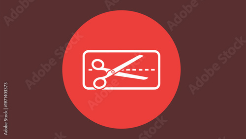 White icon of sharp scissors cutting along a dotted line inside a rectangular frame placed on a bright red circle background.