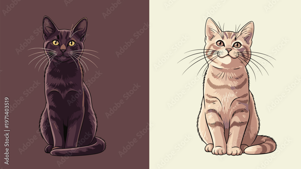 Fototapeta premium Two artistic portraits of sitting cats featuring a black cat on a dark background and a light tabby cat on a cream background.