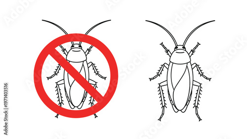Illustration of a cockroach placed next to a prohibited stop sign symbolizing effective pest control and insect elimination.