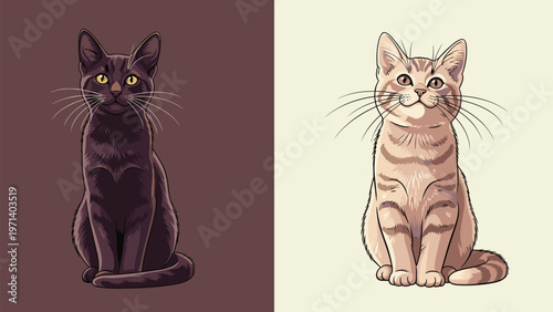 Two artistic portraits of sitting cats featuring a black cat on a dark background and a light tabby cat on a cream background.