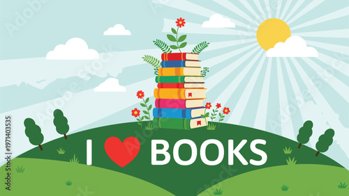 Colorful stack of books on a green grassy hill with flowers and the text I Love Books under a bright and shining yellow sun.