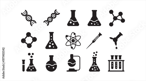 Set of laboratory silhouettes with flasks atoms and research symbols for education and science concepts