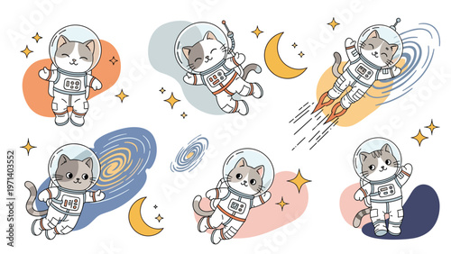 Collection of cute cartoon cats dressed as astronauts floating in outer space among stars, planets, and distant galaxies.