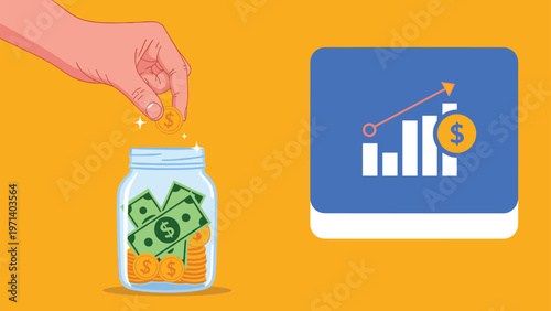 Financial growth and savings concept with a human hand putting coins into a jar of money next to a rising blue bar chart.
