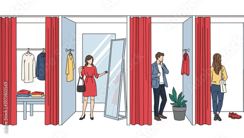 Diverse people trying on new clothes in fitting rooms of a clothing store with mirrors, red curtains, and hanging garments.