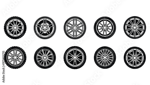 Diverse collection of automotive wheel and rim designs displayed in two rows showing various spoke patterns and tire types.