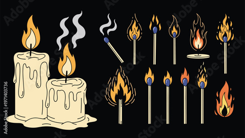 Pair of tall melting candles and various lit matches with flickering flames on a solid black background for heat concepts.