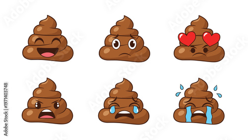 Fun set of brown poop emoji characters with different facial expressions including happy, sad, love, angry, and crying.