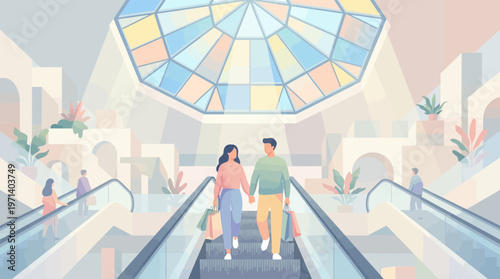 Young couple holding hands on escalator in bright shopping center