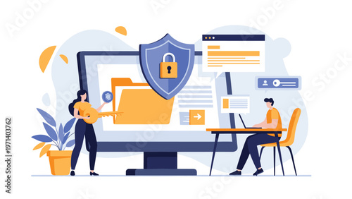 Data protection and cybersecurity concept with people managing folders and files behind a large screen with lock and shield.