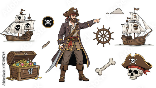 Pirate adventure collection featuring a captain with sword, sailing ships, treasure chest, jolly roger, and human skull.