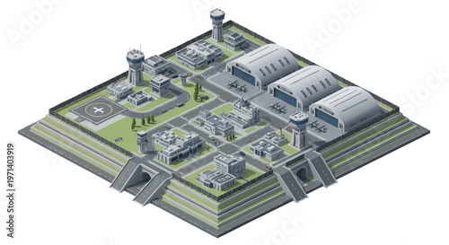 Isometric 3D illustration depicting a comprehensive military base layout, showcasing various buildings, towers, and infrastructure on a structured map, rendered in a clean vector design