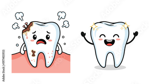 Comparison illustration between a sad decaying tooth with cavities and a happy healthy white tooth with sparkling shine.