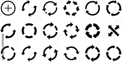 Collection of black circular arrow icons representing rotation and processes