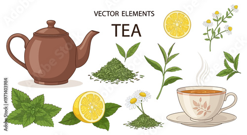 Tea elements with teapot and cup.