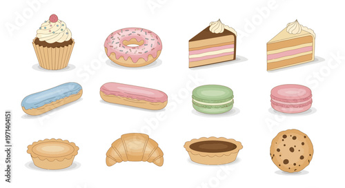 Assortment of delicious pastries and desserts including cupcakes, donuts, cakes, eclairs, macarons, tarts, croissants, and cookies.