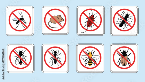 Warning signs for pest control featuring prohibited symbols over images of mosquito, mouse, cockroach, ant, and other bugs.