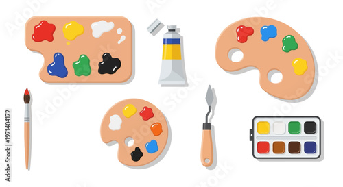 Colorful paint palette and brushes.