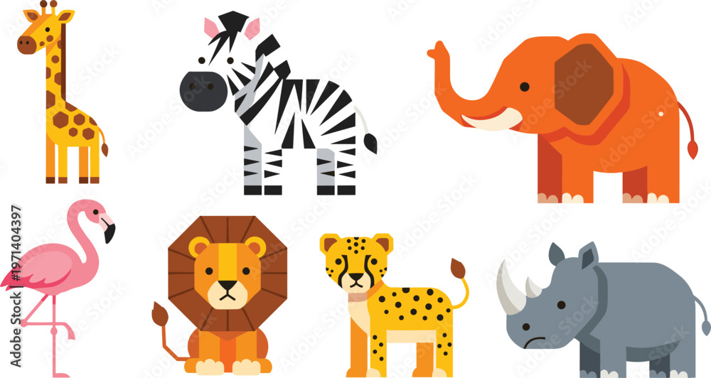 Obraz premium Wild Animal Collection with Giraffe, Zebra, Elephant, Flamingo, Lion, Leopard, and Rhino for Kids, Educational, and Cartoon Illustrations