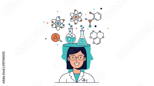 Female scientist with chemistry glassware, atoms, and molecular structures appearing above her head for research concepts.
