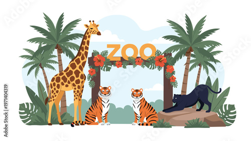 Entrance to a tropical zoo featuring a giraffe, two tigers, and a black panther among palm trees and lush green plants.