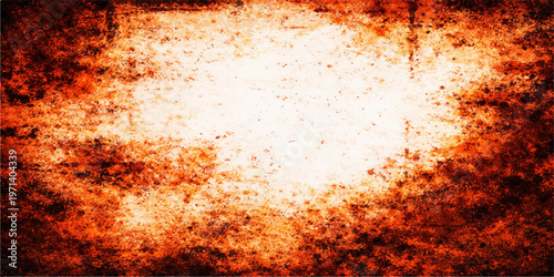 A vintage grunge wallpaper design featuring a hot orange fire burning over a rusty metal texture with red inferno flames and old textured paper patterns