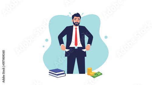 Distraught businessman crying while showing his empty pockets indicating financial loss or bankruptcy in a flat style.