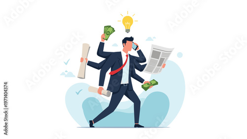 Multitasking professional businessman with many arms holding newspaper, telephone, document, and money for busy lifestyle.