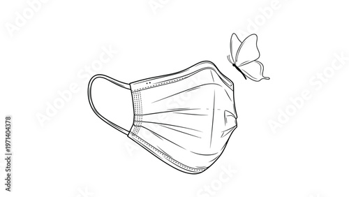Minimalist line drawing of a disposable medical face mask with a delicate butterfly hovering near the protective surface.