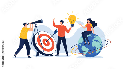 Global business team using a telescope, targeting goals on a board, and generating ideas while sitting on a world globe.