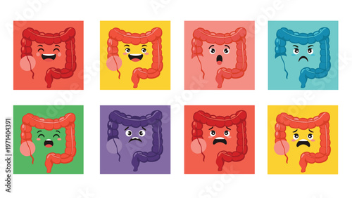 Set of cartoon human intestine characters with various facial expressions displayed on colorful square backgrounds.