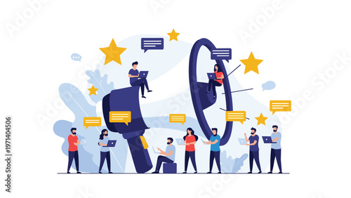 Marketing team working together with giant megaphones and stars to promote content and build brand awareness in a modern flat illustration.