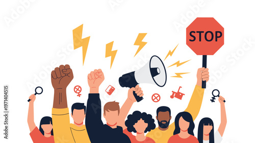 Diverse group of activists holding a stop sign and using a megaphone while raising their fists in protest for social justice and change.