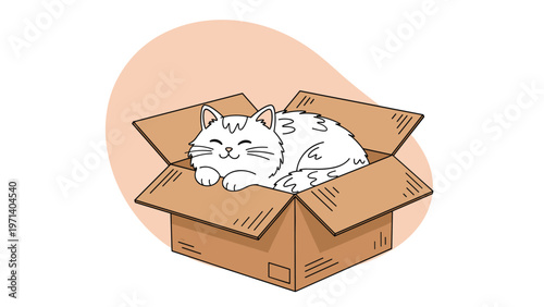 Adorable white cat sleeping peacefully inside a brown cardboard box against a soft peach colored circular background in a simple style.