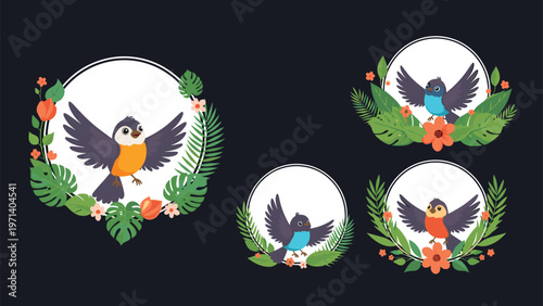 Set of four circular frames decorated with tropical leaves and flowers containing colorful flying birds in various poses on a dark black background.