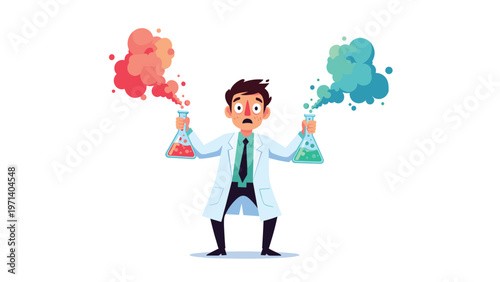 Surprised male scientist in a white lab coat holding glass flasks with red and green chemical smoke rising during a science experiment.